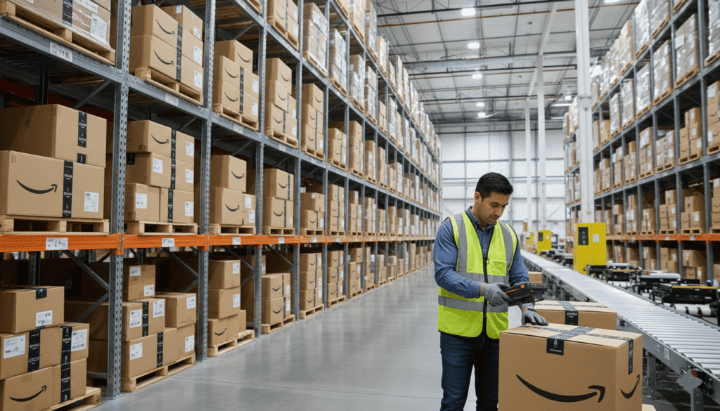 Entrepôt avec différents cartons dans les rayons