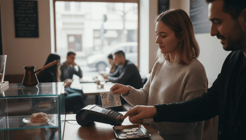 ne personne payant avec des euros, terminal de paiement visible