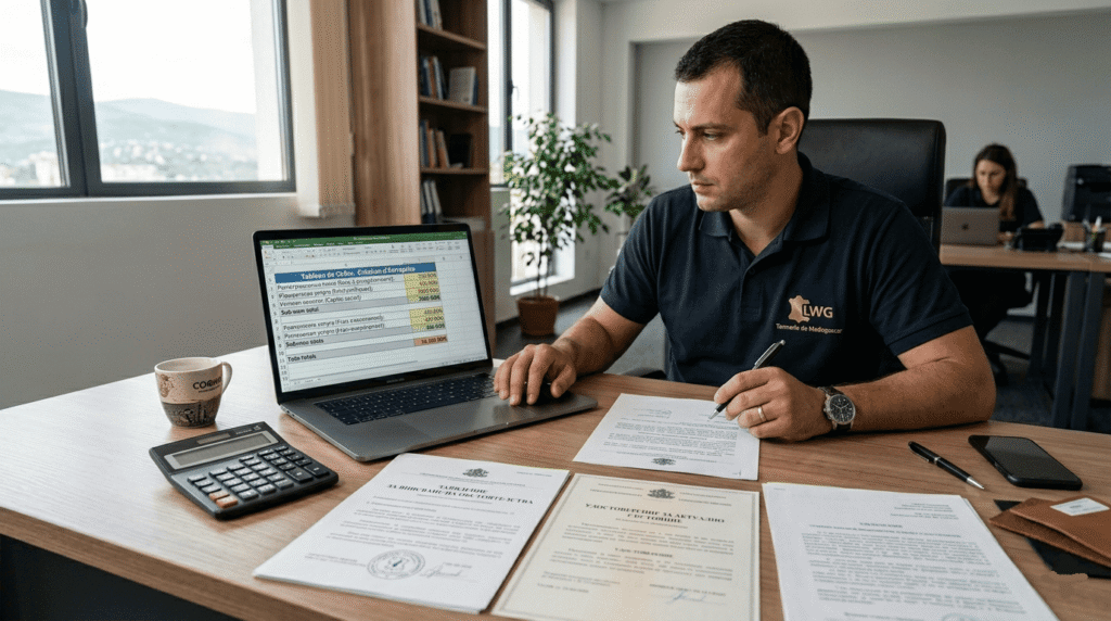 un bureau moderne en Bulgarie, un entrepreneur assis devant un ordinateur portable affichant un tableau de coûts détaillés