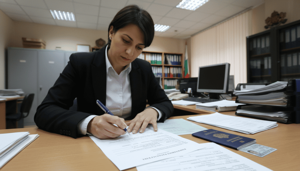 n bureau administratif bulgare, personne remplissant un formulaire officiel avec mentions EGN ou LNCH
