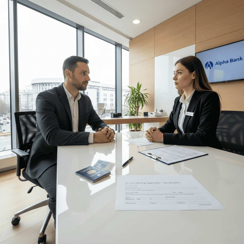 un expatrié assis face à un conseiller dans une agence bancaire en Bulgarie