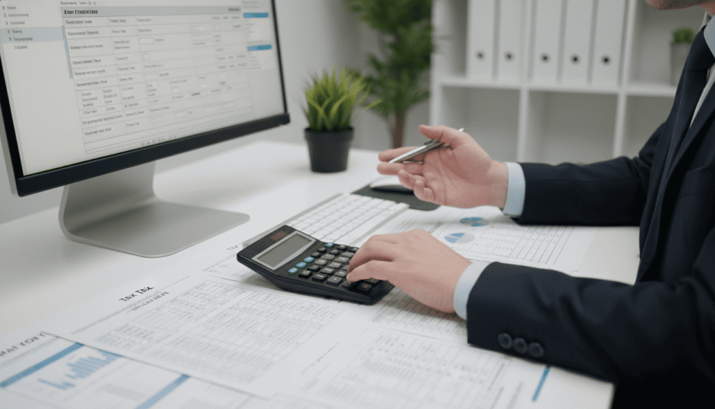 une personne analysant des documents fiscaux avec calculatrice et ordinateur