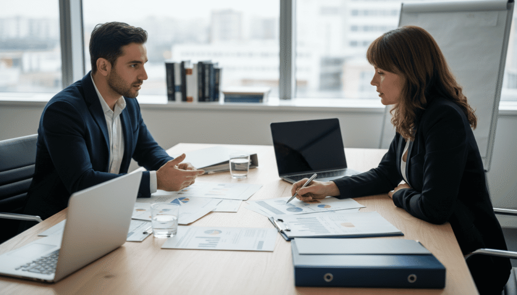 rendez-vous entre un expatrié et un conseiller fiscal, documents étalés sur une table