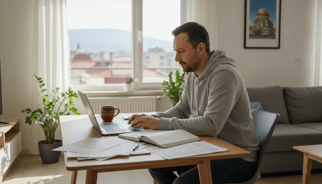 un travailleur indépendant dans un appartement moderne à Sofia, travaillant sur ordinateur avec documents administratifs