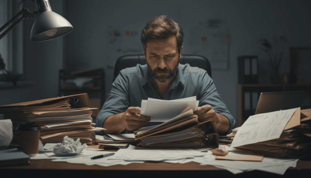 Un professionnel débordé dans les paperasses de déclaration fiscale dans son bureau