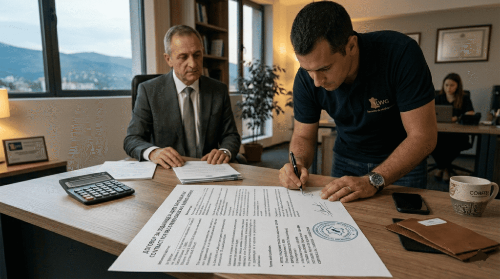 Un professionnel en train de signer des documents de domiciliation d'entreprise en Bulgarie
