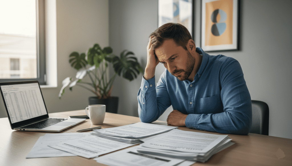 un entrepreneur stressé assis dans un bureau moderne, regardant des documents financiers et juridiques