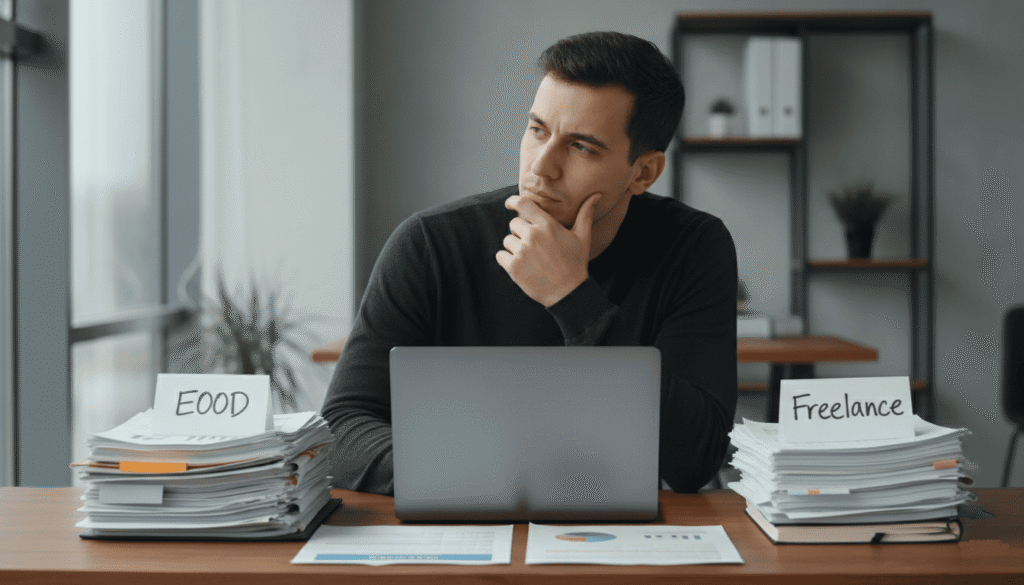 Un professionnel devant son PC, l'air pensif, choisit entre un statut indépendant ou EOOD