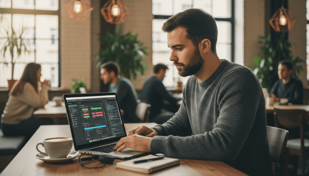 Un travailleur en freelance devant son PC en open space