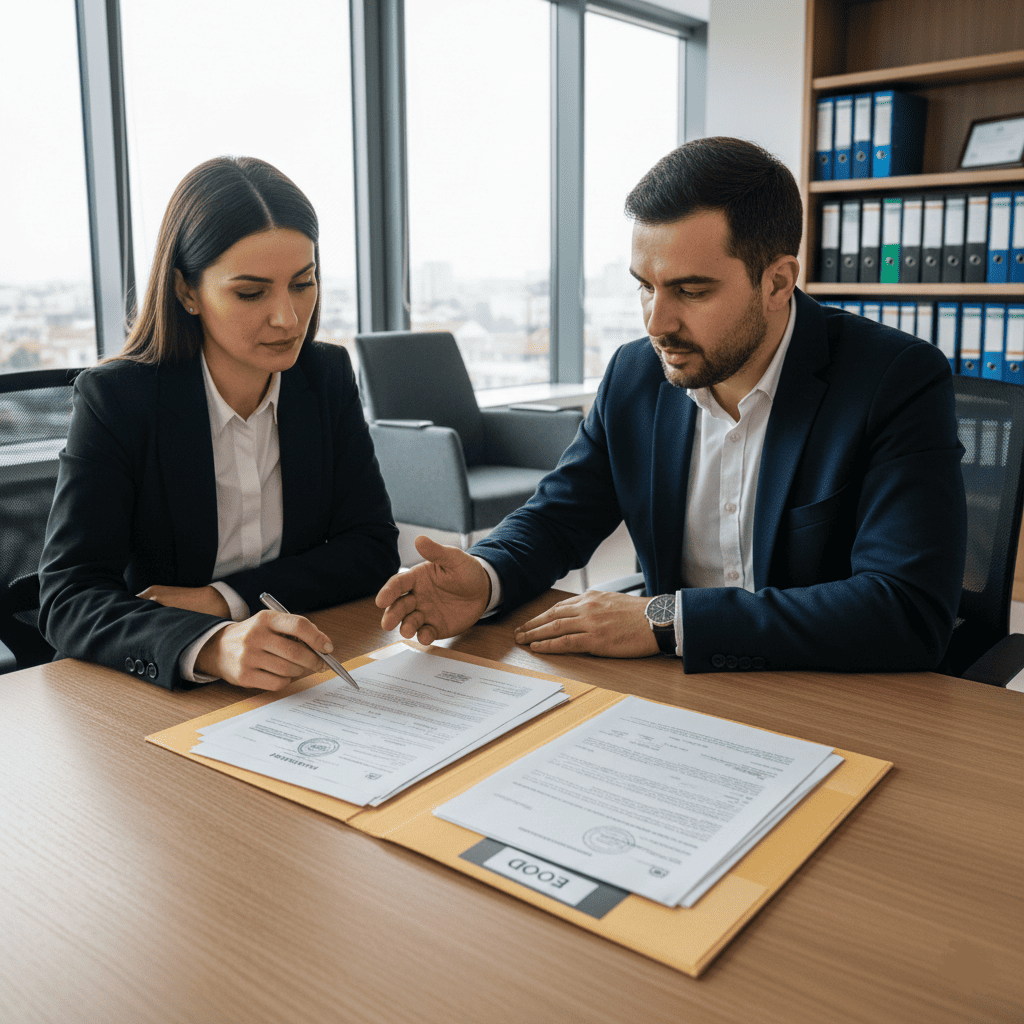 un entrepreneur discute avec un conseiller. Sur la table, un dossier marqué “EOOD”, avec des papiers tamponnés.