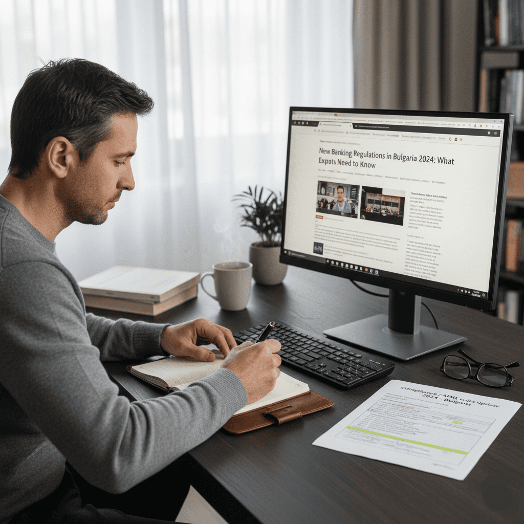 Un bureau avec un ordinateur affichant un article sur les nouvelles régulations bancaires 2024 en Bulgarie.