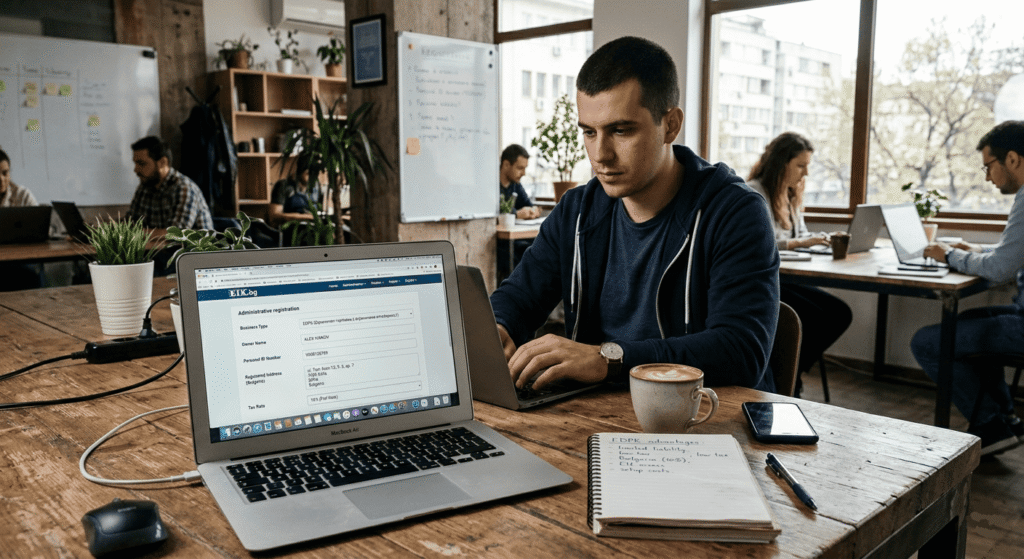 un entrepreneur en train de créer une entreprise sur son ordinateur portable dans un espace de coworking moderne.