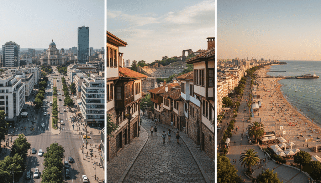 triptyque montrant Sofia (centre urbain moderne), Plovdiv (vieille ville historique), et Varna (bord de mer)
