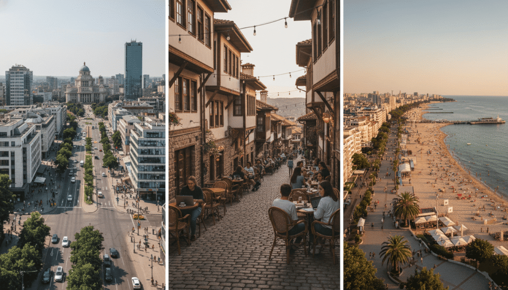 trois scènes : vie urbaine à Sofia, café artistique à Plovdiv, plage à Varna
