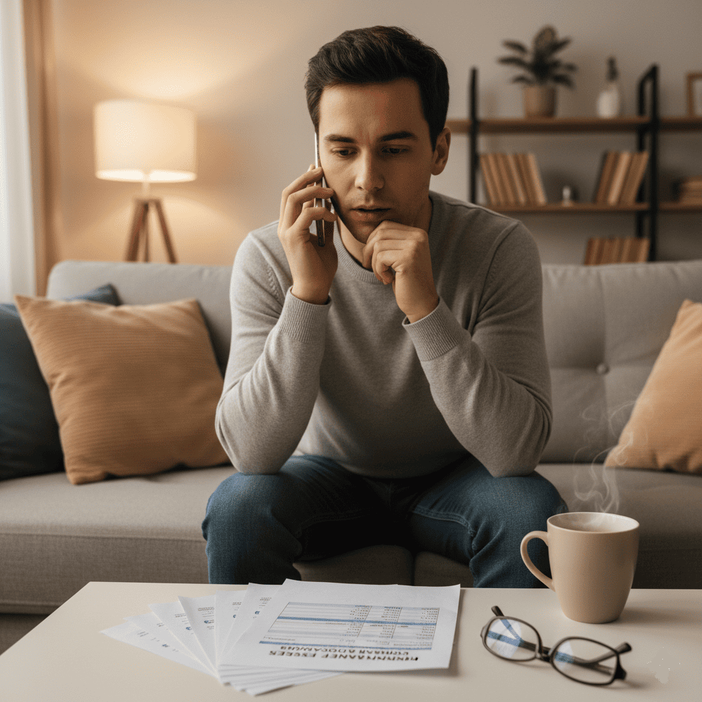 une personne au téléphone discutant d’un transfert d’argent. Sur la table basse, un relevé bancaire imprimé et un document “international transfer fees comparison”