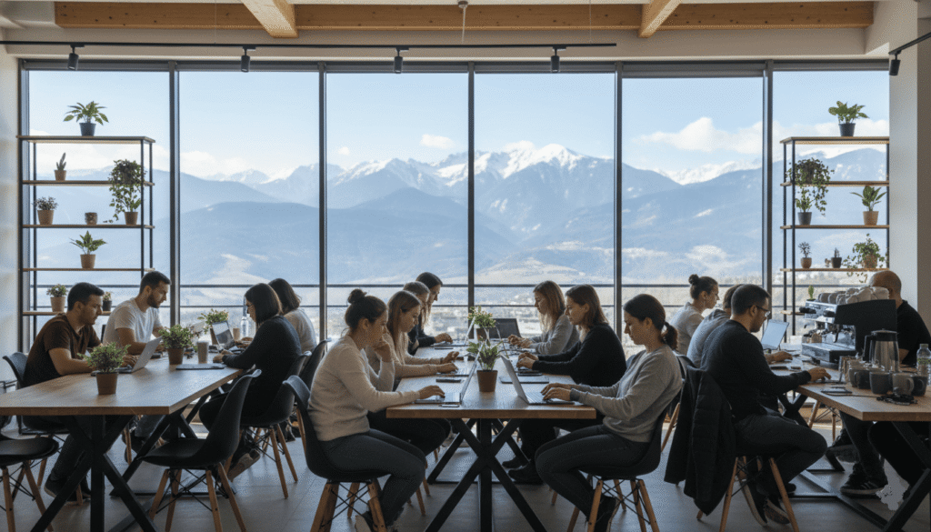 un espace de coworking à Bansko, personnes travaillant sur laptops, ambiance conviviale