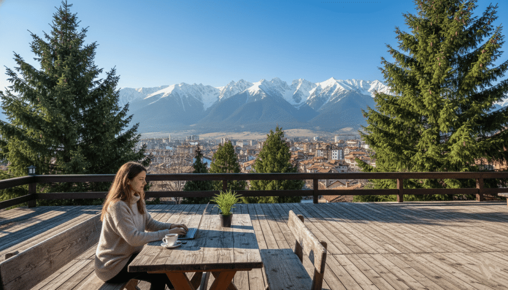 igital nomad avec ordinateur portable sur une terrasse en bois avec vue sur les montagnes