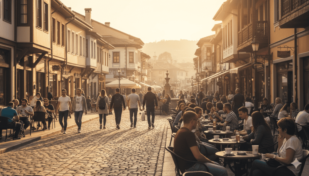 une rue animée de Plovdiv avec cafés, passants, architecture typique,