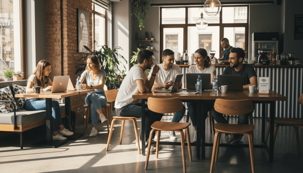 un groupe de jeunes expatriés discutant dans un café à Plovdiv