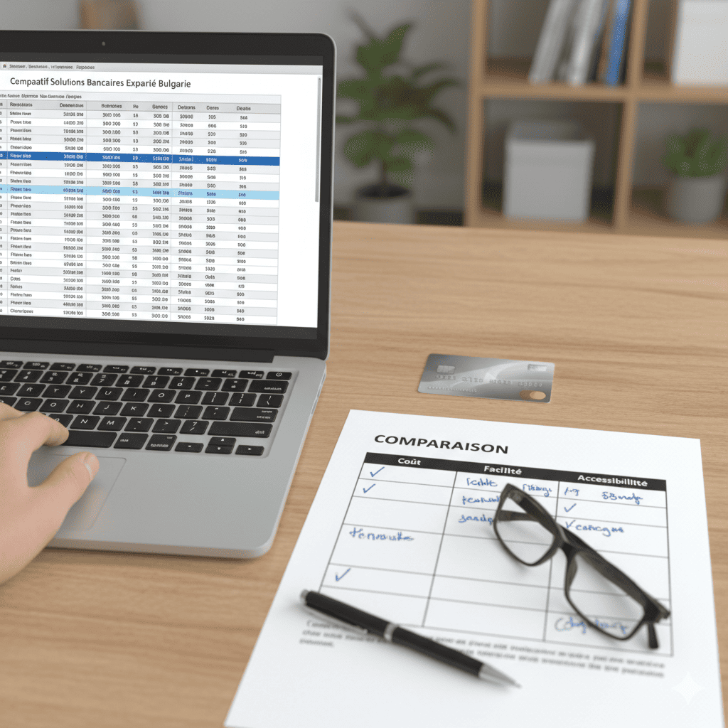 Un espace de travail avec une carte bancaire posée à côté d’un ordinateur affichant une feuille de calcul “comparatif solutions bancaires expatrié Bulgarie”
