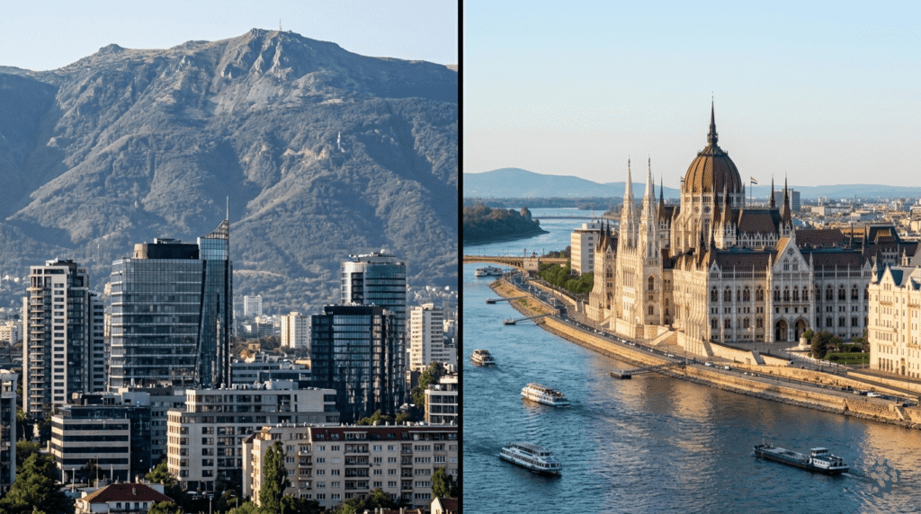 un split-screen montrant d’un côté Sofia (Bulgarie) avec immeubles modernes et montagnes en arrière-plan, et de l’autre Budapest (Hongrie) avec le Parlement hongrois et le Danube