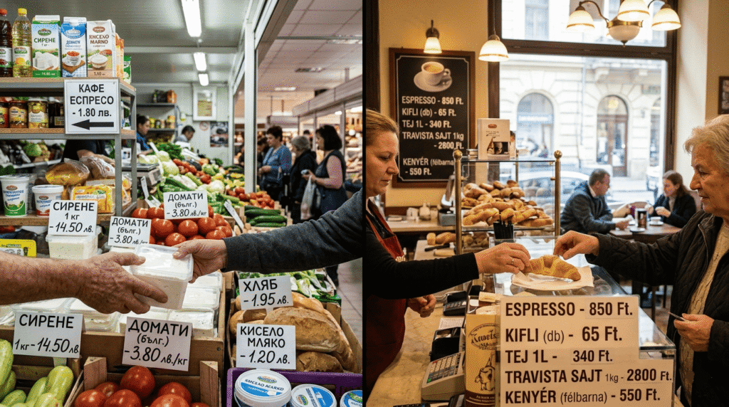 courses alimentaires et café en Bulgarie vs Hongrie, prix affichés réalistes en monnaie locale