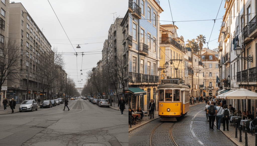 à gauche une rue de Sofia avec architecture d’Europe de l’Est, à droite une rue de Lisbonne avec tramway jaune et façades colorées