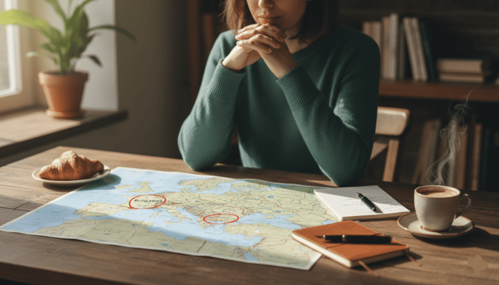 ne personne assise à une table avec carnet, carte de l’Europe ouverte, deux destinations entourées (Bulgarie et Portugal)