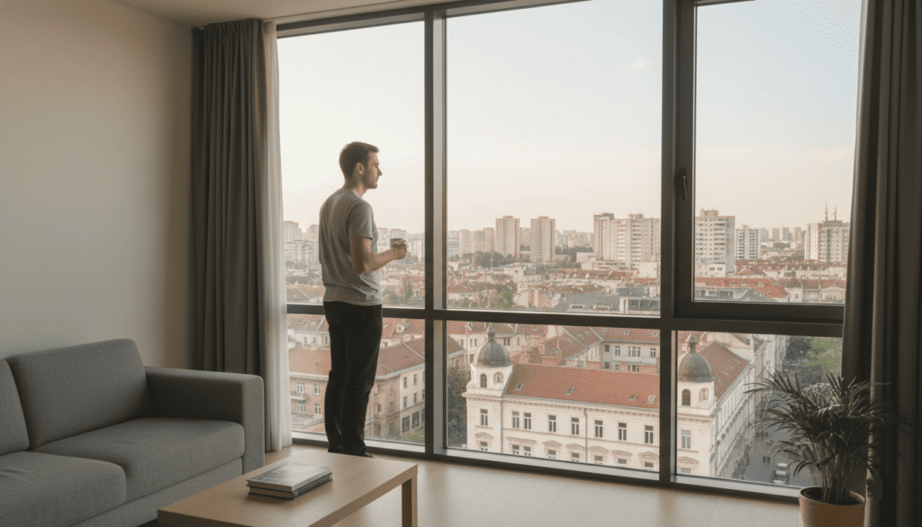 expatrié dans un appartement moderne en Europe de l’Est, regardant par la fenêtre sur une ville