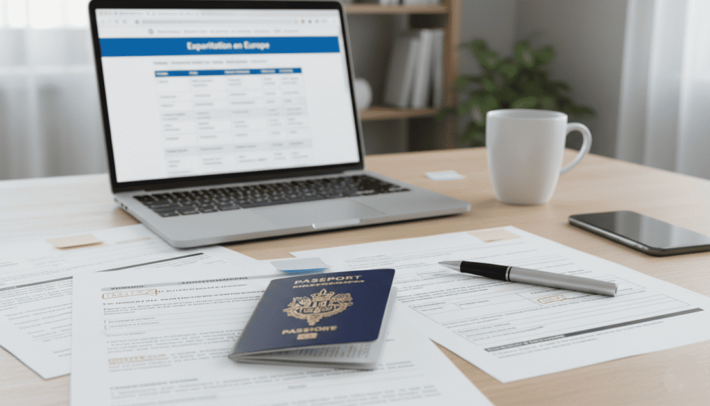 bureau avec passeport français, documents administratifs, ordinateur affichant des informations sur expatriation en Europe