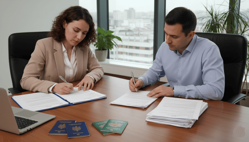 un couple remplissant des formulaires administratifs avec passeports français et bulgares visibles