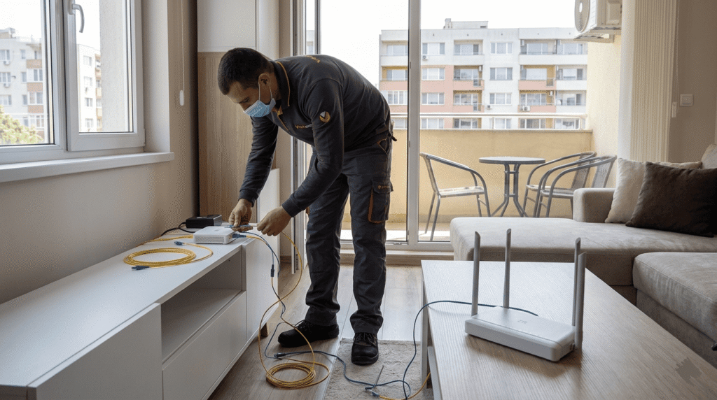 Technicien en train d’installer une box fibre dans un appartement moderne en Bulgarie, câbles visibles