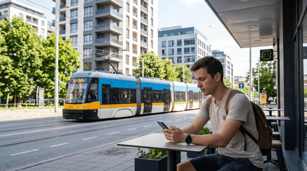 Un jeune expatrié assis à la terrasse d’un café à Sofia, utilisant son smartphone avec une carte SIM locale