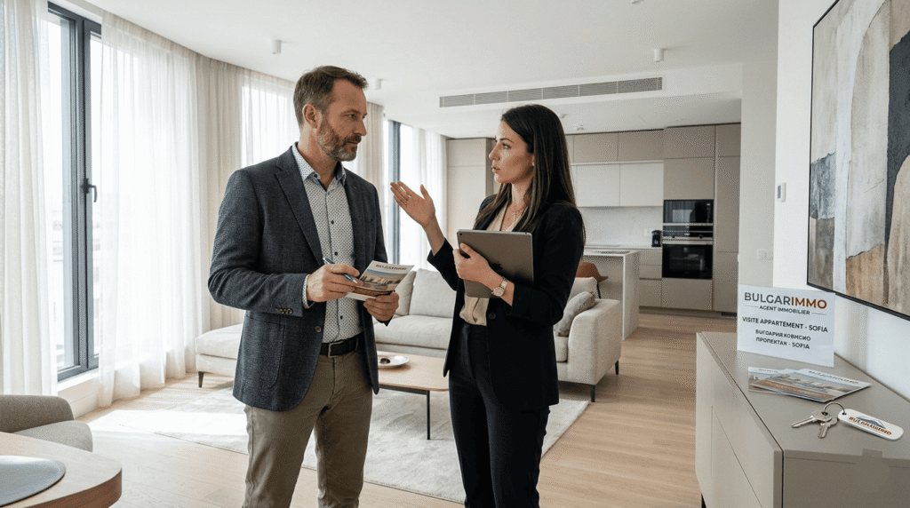 Français visitant un appartement en Bulgarie avec un agent immobilier,
