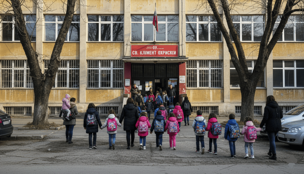 une école publique bulgare, bâtiment extérieur typique avec enfants entrant dans l’établissement le matin