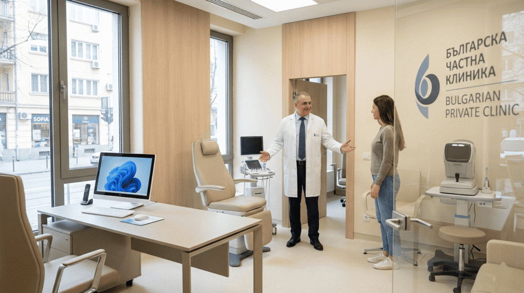 Intérieur d’une clinique privée en Bulgarie, médecin accueillant un patient dans un cabinet moderne