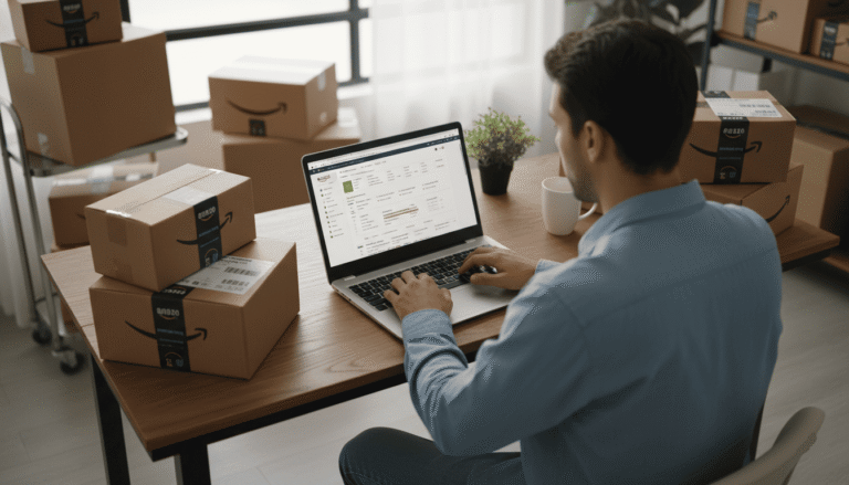 Professionnel devant son PC avec des cartons Amazon FBA sur le bureau