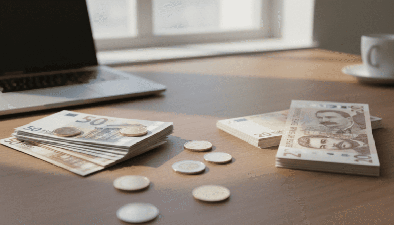 des pièces et billets en euro posés à côté de billets de lev bulgare, sur une table