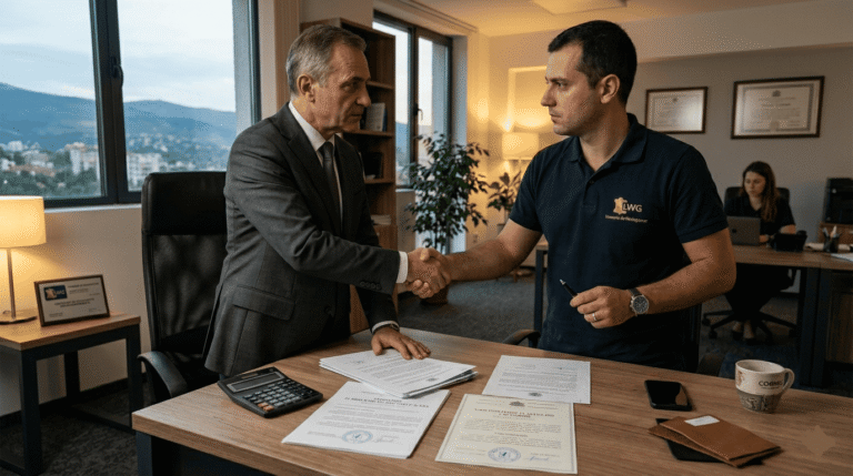 n entrepreneur européen en train de discuter avec un conseiller juridique dans un cabinet à Sofia