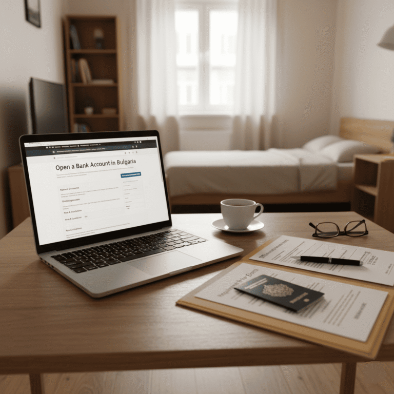 un ordinateur portable affichant une page “ouvrir un compte bancaire en Bulgarie”.