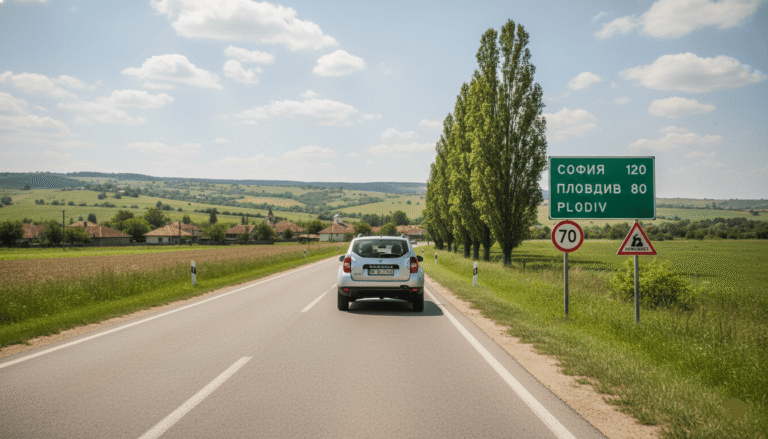 ne voiture roulant sur une route bulgare, panneaux de signalisation typiques visibles