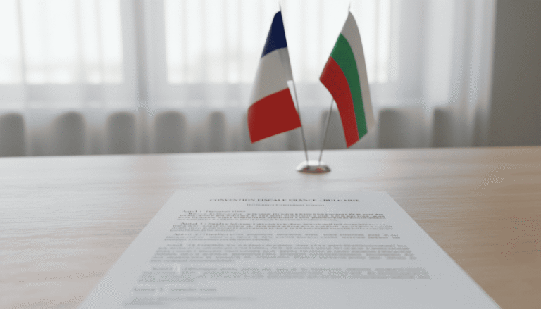 un document officiel intitulé “Convention fiscale France Bulgarie” posé sur un bureau, rapeaux France et Bulgarie en arrière-plan