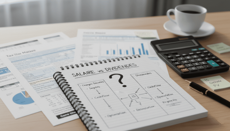 un bureau avec documents financiers, calculatrice, notes manuscrites montrant stratégie salaire vs dividendes