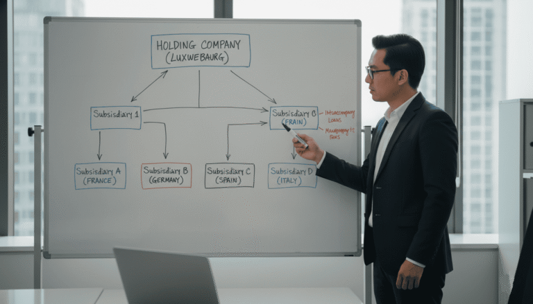 Un professionnel devant un tableau blanc avec les étapes de holding en Bulgarie