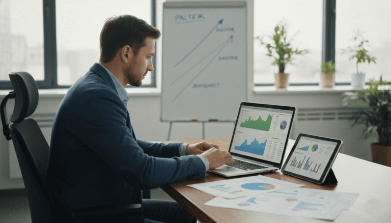 un investisseur regardant des graphiques de rendement sur un ordinateur portable, tableau avec courbes ascendantes, documents financiers