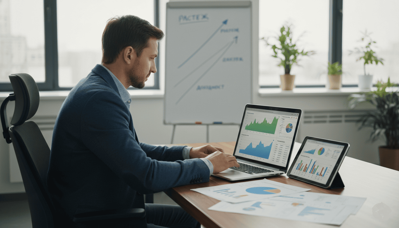 un investisseur regardant des graphiques de rendement sur un ordinateur portable, tableau avec courbes ascendantes, documents financiers