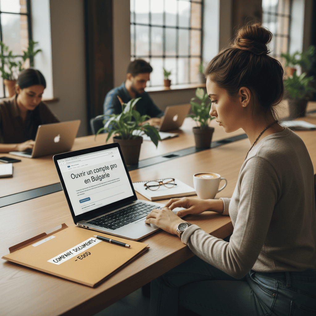 Un espace de coworking, une personne travaille sur son laptop avec un document ouvert “ouvrir compte pro Bulgarie”.