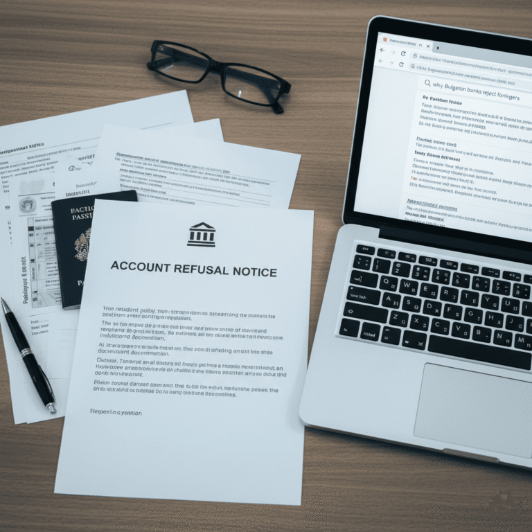 Un bureau avec un ordinateur affichant un article sur les nouvelles régulations bancaires 2024 en Bulgarie.