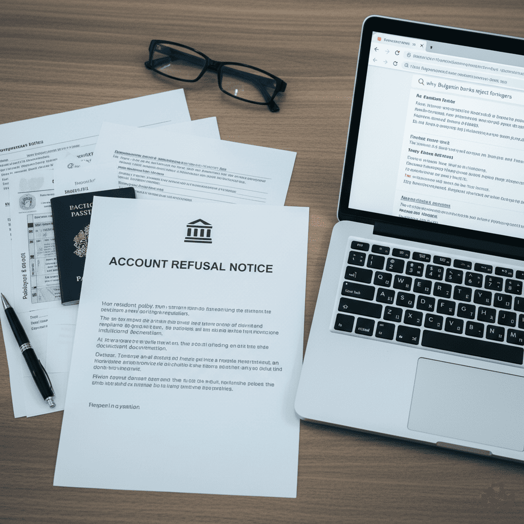 Un bureau avec un ordinateur affichant un article sur les nouvelles régulations bancaires 2024 en Bulgarie.