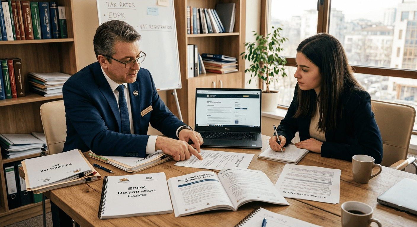 conseiller fiscal et un client. Sur la table, des documents imprimés sur le bureau